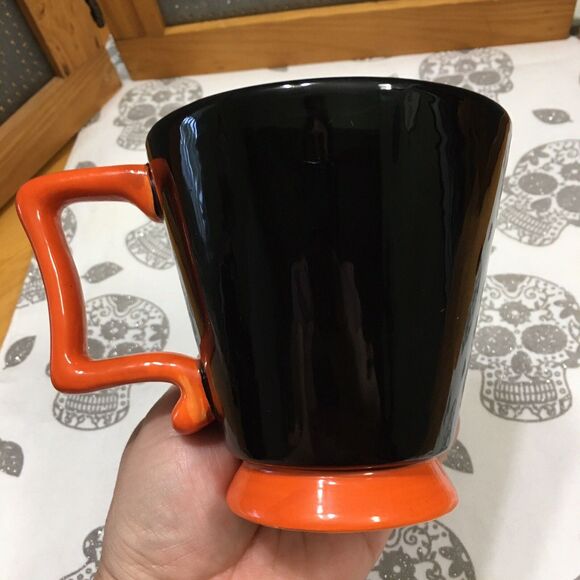 Halloween Mug Crow Raven Pumpkin Hand-Painted Black Orange Square Handle Ceramic - Picture 8 of 8